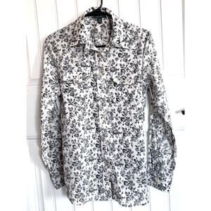Lauren Jeans Co Ralph Lauren Blouse Medium White Black Rose Cotton Western 088